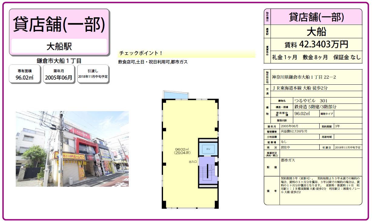JR東海道線・大船駅から徒歩2分！湘南モノレール・大船駅から徒歩2分！駅近の飲食店を考えてる方にオススメです。