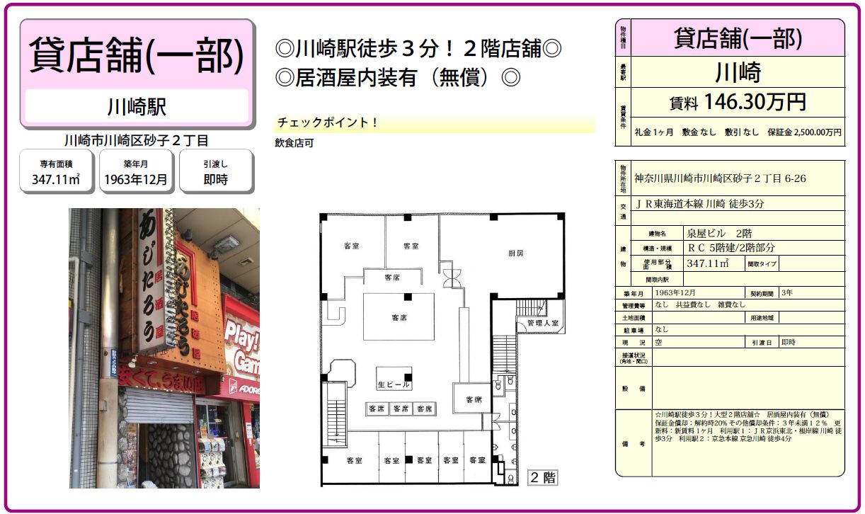 川崎駅徒歩3分の2階店舗。居酒屋内装が無償です。